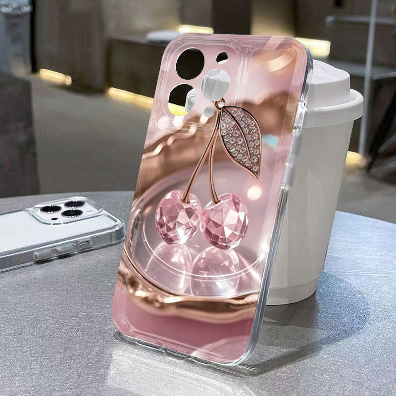 

Elegant Pink Crystal Cherries Print Phone Case For Iphone 17 17air 16 15 14 13 12 11 Pro Max Mobile Protective Soft Funda Cover iphone 12