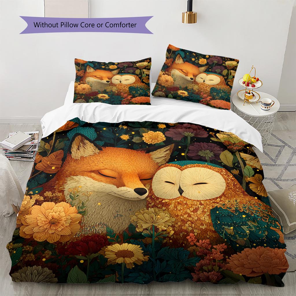 Owl and Fox Pattern Bedding Quilt Set Quilt Cover Pillowcase Home Decoration Gift (1 * Duvet Cover + 2 * Pillowcase, Without Core)
