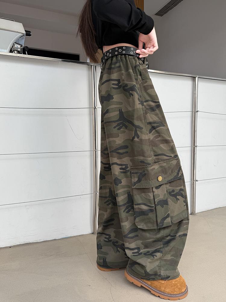 Autumn 2026 Girls' Camouflage Wide-Leg Overalls with Large Pockets