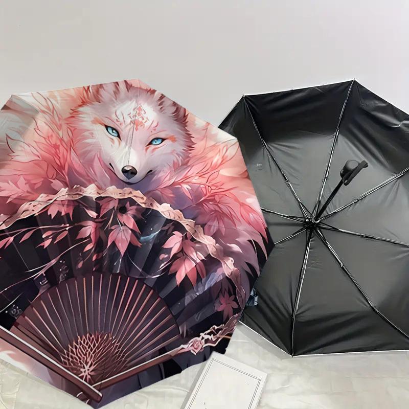 1pc "Cherry Blossom Fox Fan Artwork" Umbrella with Plastic Handle,Suitable for All Seasons Home Travel Outdoor UmbrellaDD716