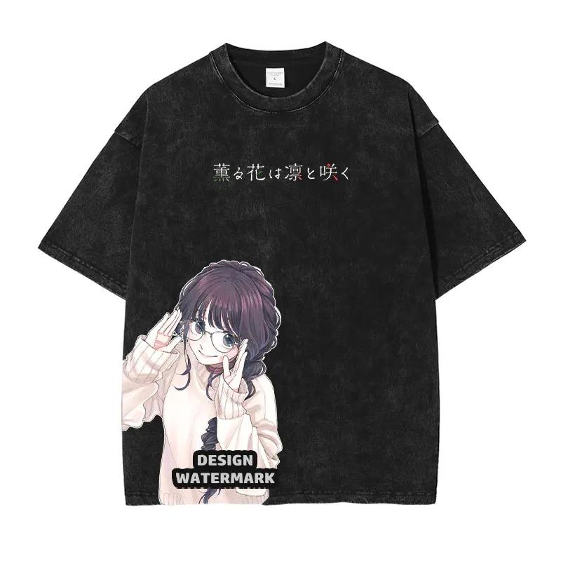 Japanisches heißes Anime-T-Shirt mit duftender Blume, die Würde ausstrahlt, Oversized, Unisex, heißes Produkt, weich, hohe Qualität, gewaschenes Vintage-T-Shirt