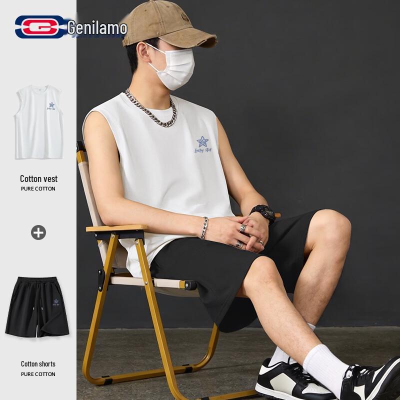 GENIOLAMODE Men s Casual Cotton Vest & Shorts Set L