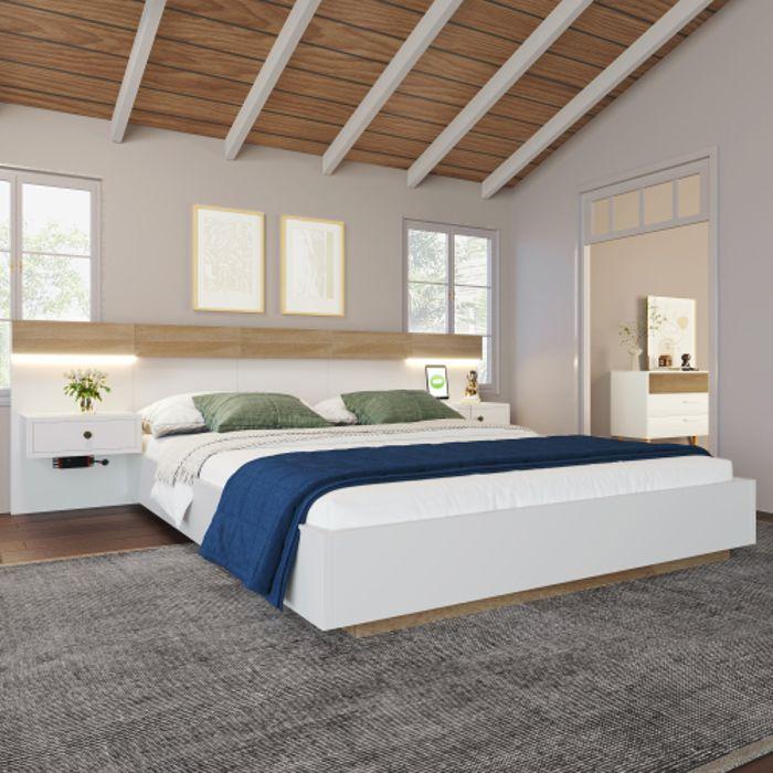 Ensemble Lit Double Avec 2 Tables De Chevet LED Et Prise USB C Lit En Bois 180 X 200 Cm, Ensemble Chêne Sonoma/blanc (sans Matelas)