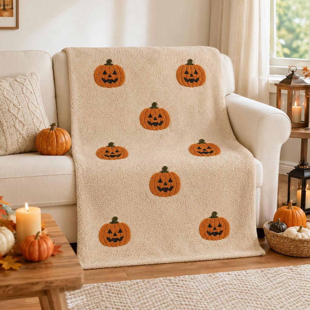 Couverture Peluche Citrouille d'Halloween pour Canapé, Décor de Fête Douillet et Doux
