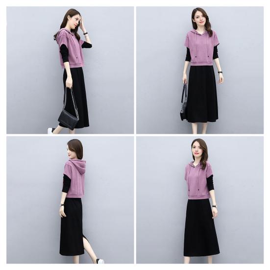 Women's 2 Piece Dress Set Pullover Hooded Drawstring Sweatshirts Midi Dress Lounge Sets Casual Fall Spring Outfits