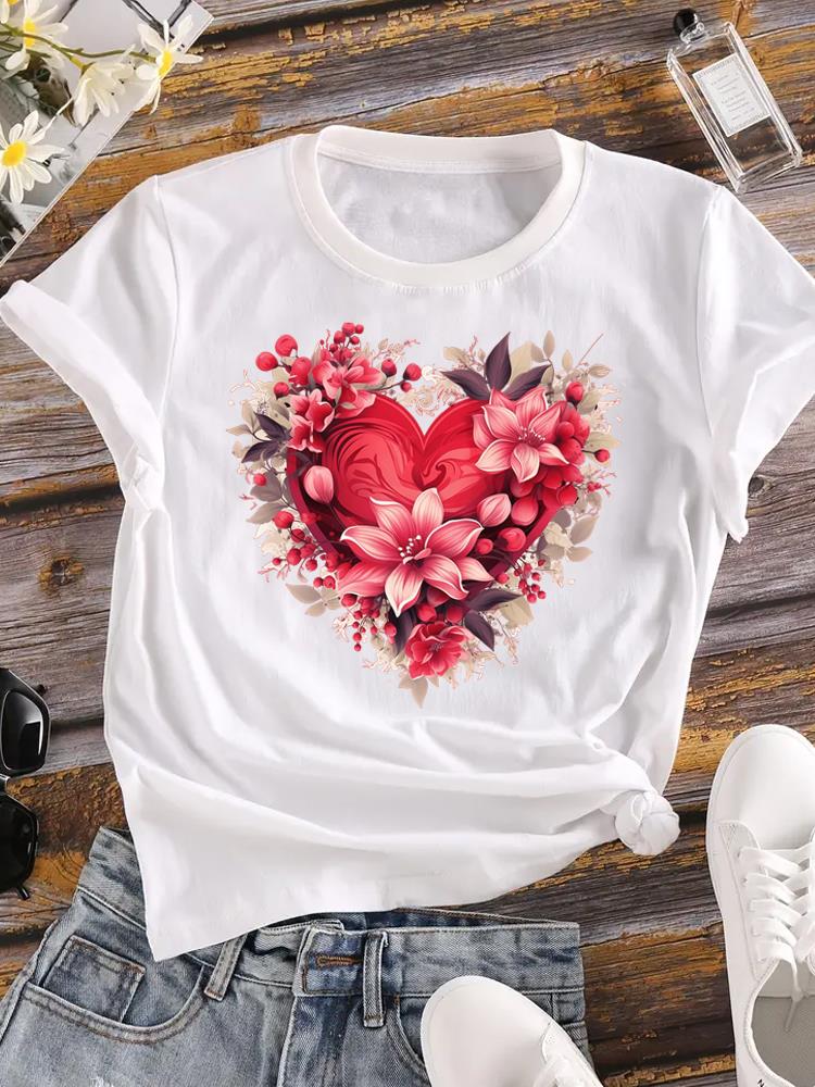 (Asian Size) T-shirts Printed Clothing Lady o-neck Short Sleeve Female Top love heart flower Casual T Shirt Fashion Women Graphic Tee