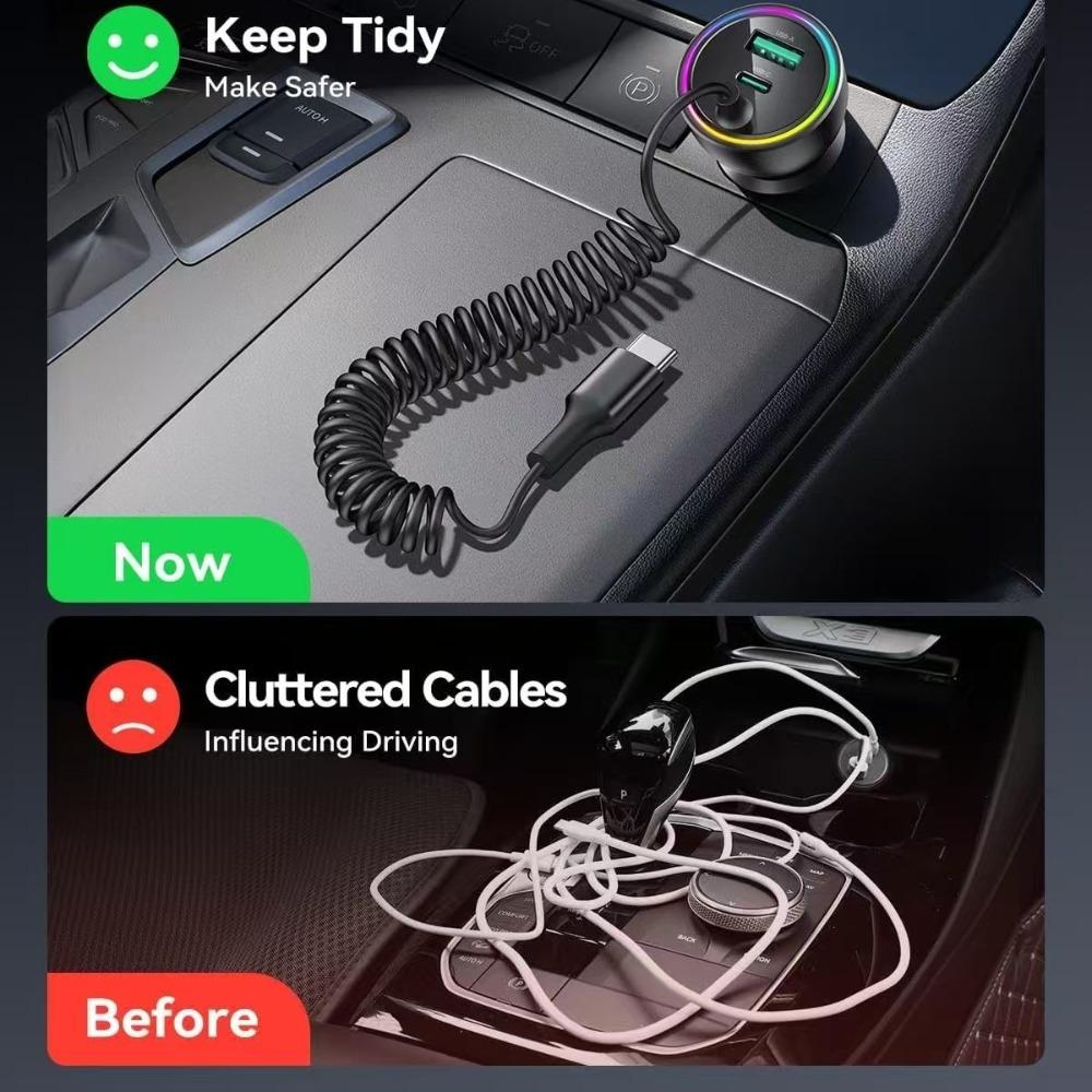 70W USB C Type-C Car Charger Black LED Light Spring Charging Cable Super Fast Charge for iPhone 16 15 Pro Max