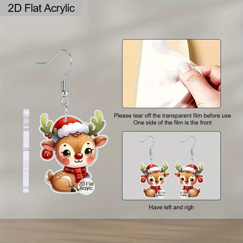 2D Flat Christmas Reindeer Dangle Earrings, Lightweight Acrylic Material,Ideal for Party Gifts, Jewelry, and Christmas Gifts.