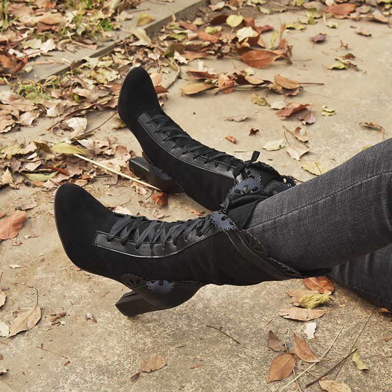 Damen Spitzen Hohe Absätze Mittlere Röhre Stiefel Retro Leder Winter Schuhe Stiefeletten Cowboy Stil Bequem