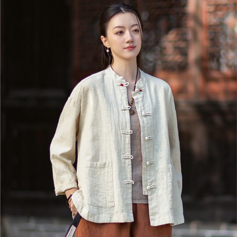 

Johnature Women Vintage Shirts Tops Spring Chinese Style Solid Color Stand Long Sleeve Pockets Blouses One Size бежевый
