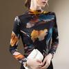 Semi-turtleneck Bottoming Shirt Women's New Women's Clothing Retro Printing Long-sleeved T-shirt Temperament with Waist Top