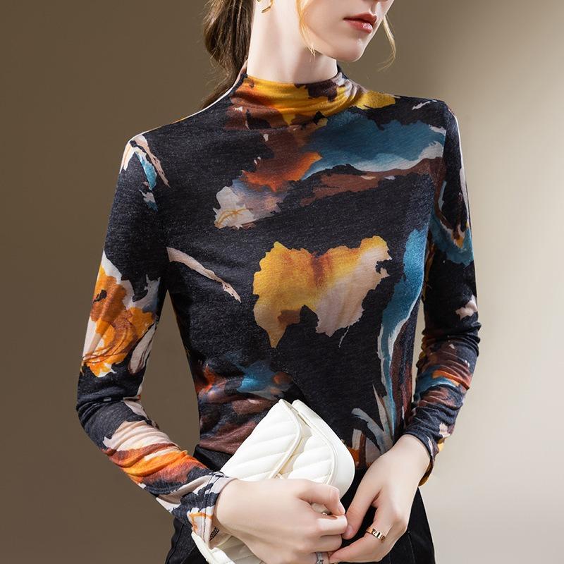 Semi-turtleneck Bottoming Shirt Women's New Women's Clothing Retro Printing Long-sleeved T-shirt Temperament with Waist Top