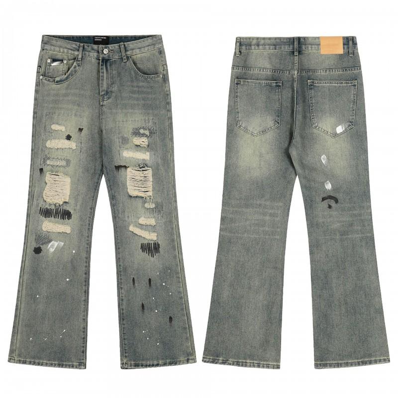 Mens Distressed Straight Fit Denim Jeans With Embroidery Mid-Rise Water Washed Cotton Blend Streetwear Casual Pants