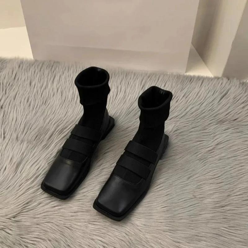 British style square knitted socks boots 2025 new women's boots high quality slimming loafers women's ankle boots single shoes