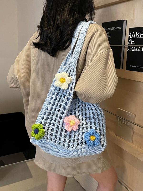 Cotton Woven Beach Bag With Floral Pattern For Summer Vacation And Daily Use