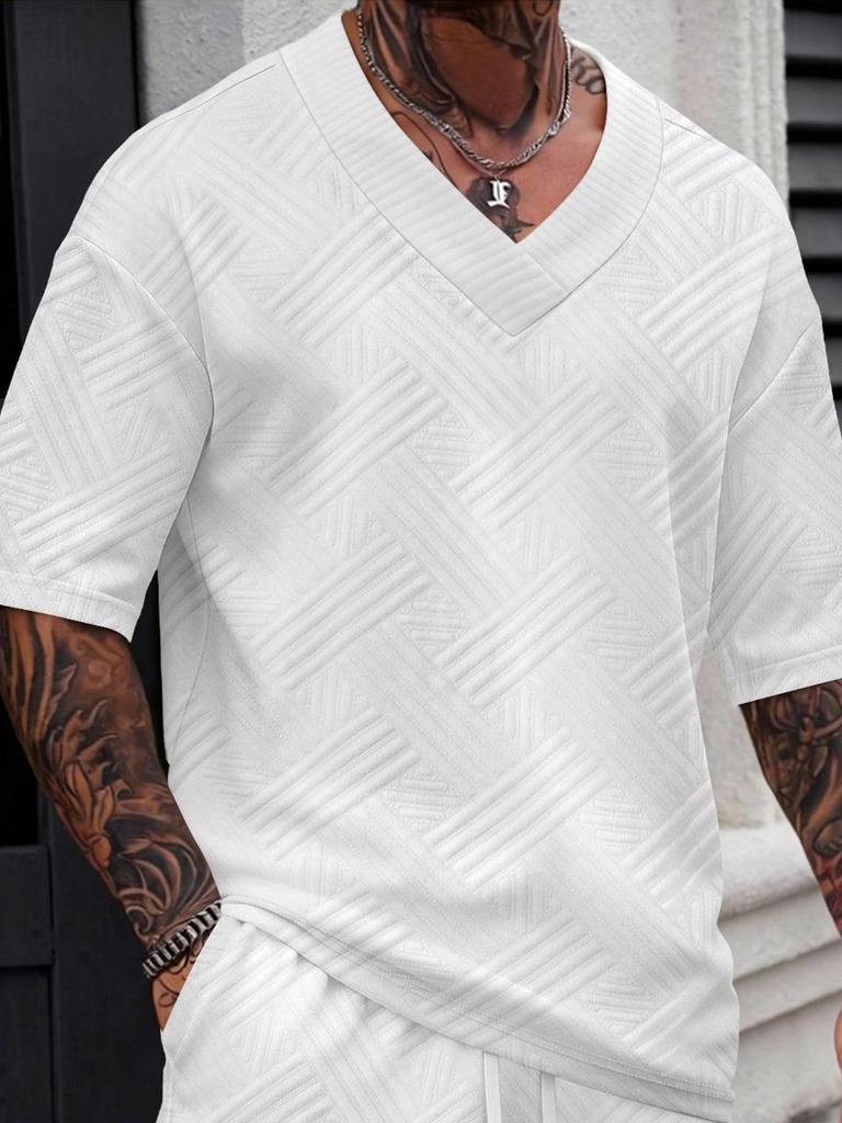 Spring/Summer Men's Solid Color V-neck Jacquard Casual Outdoor Short-sleeve T-shirt