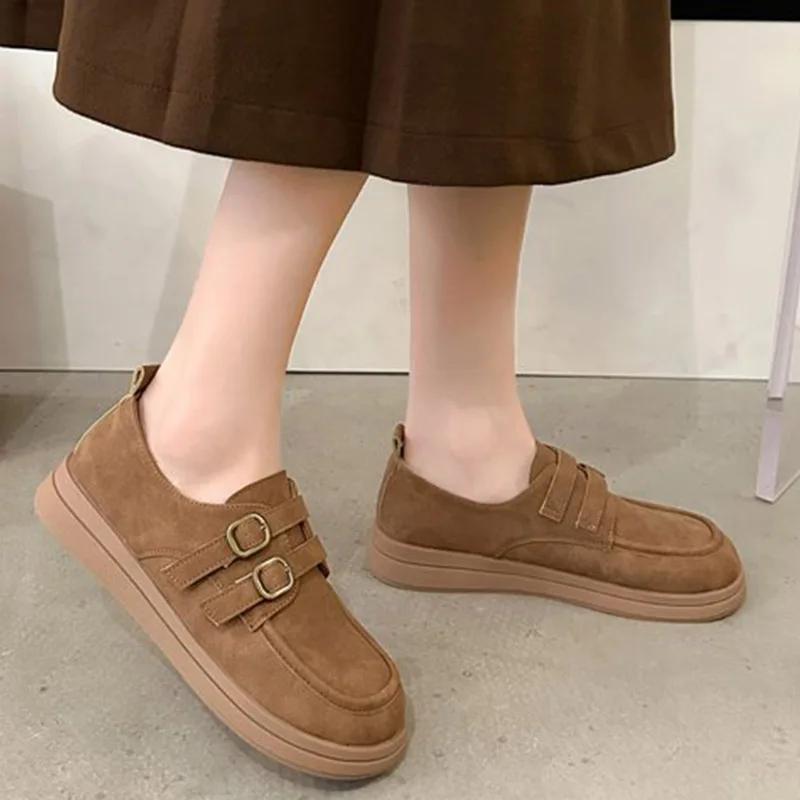 Womens Derby Shoes Autumn Slip-on Female Footwear Loafers With Fur Clogs Platform Leather Summer New Fall Retro Slip On Dress