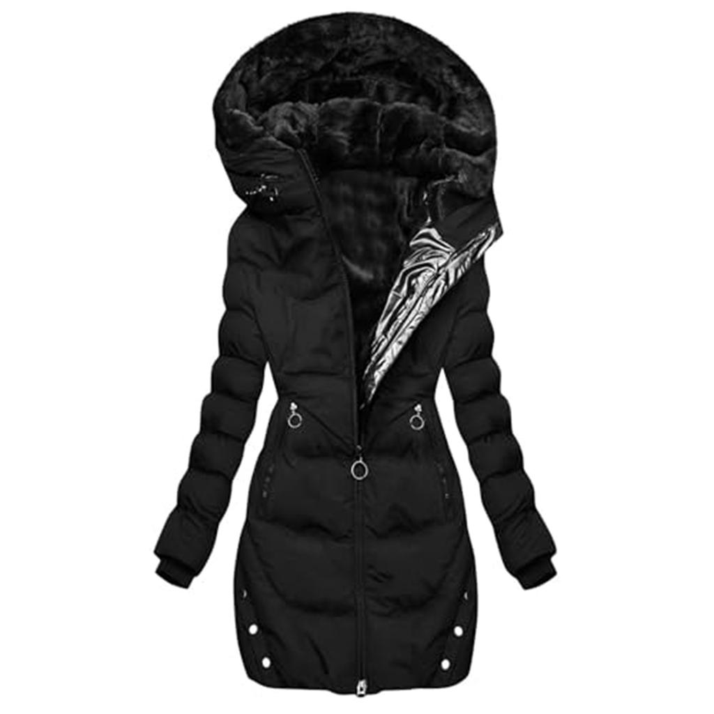 Women's Down Jackets Fleece Lined Winter Coat Double Zipper Hooded Jacket Warm Thick Overcoat