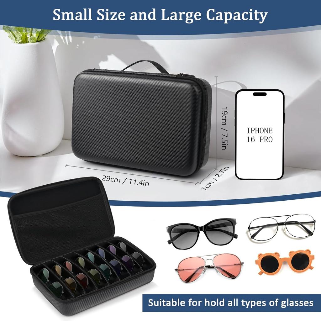 Travel Sunglasses Organizer Case with 8-Slot Adjustable Compartments, Hard EVA Eyeglasses Storage Bag for Men Women