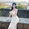 French gentle wind white lace splicing suspender dress vacation style temperament waist slim hip skirt summer