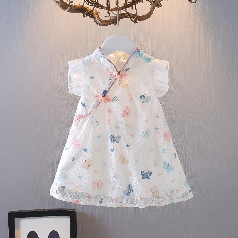 Girls Sleeveless Modified Cheongsam Dress Vintage Tang Summer Baby Princess Qipao Dress For Kids 90cm