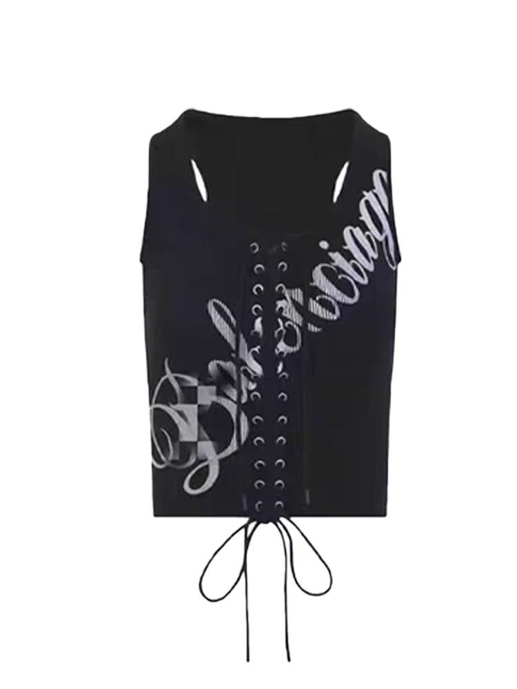 2026 New Style Zhao Lusi Black Lace-Up Slim Vest & Plaid High-Waisted Split Skirt Set L