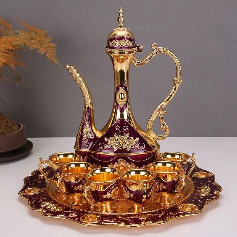 Exquisite Vintage Wine Glass, Alloy Home Wine Pot Wine Glass Set, European Wine Set, Wine Pot Home Living Room Decoration, 1Set