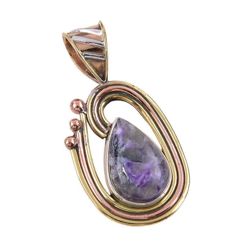 Natural Charoite Gemstone 925 Solid Sterling Silver Two Tone Pendant 1.50" t5M63