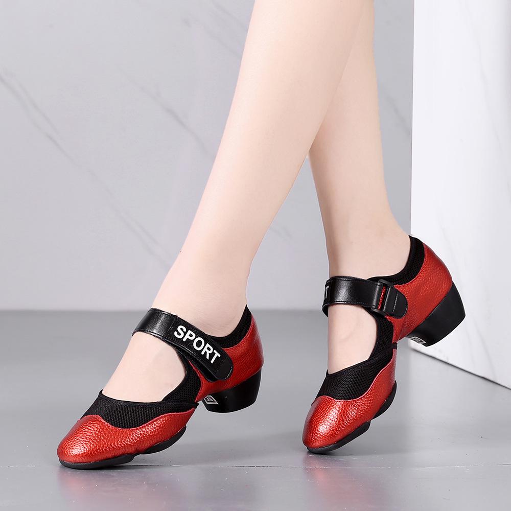 Wu Pa Women's Low Heel Leather Dance Shoes - Soft Sole, Breathable, Velcro Closure, Ideal for Ballroom, Middle-Aged & Elderly.