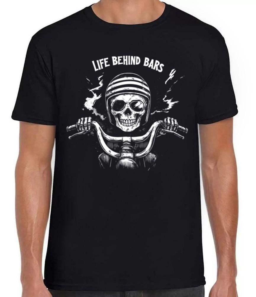 

Motorcycle Life Behind Bars Biker Skeleton Decal Route 66 Black Tee T Shirt 396 XL