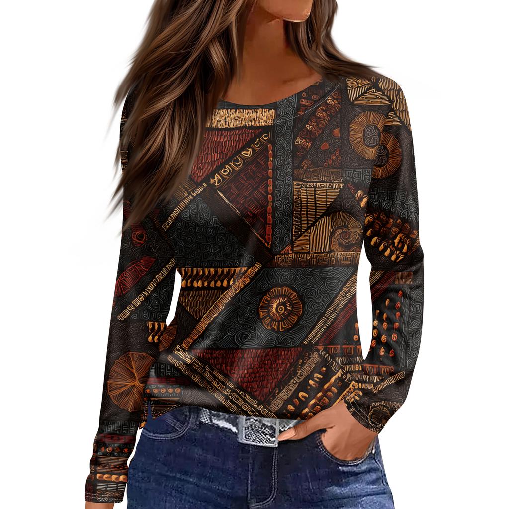 Women's Fashion Hem Slit Casual Retro Floral Print Round Neck Long Sleeve Top