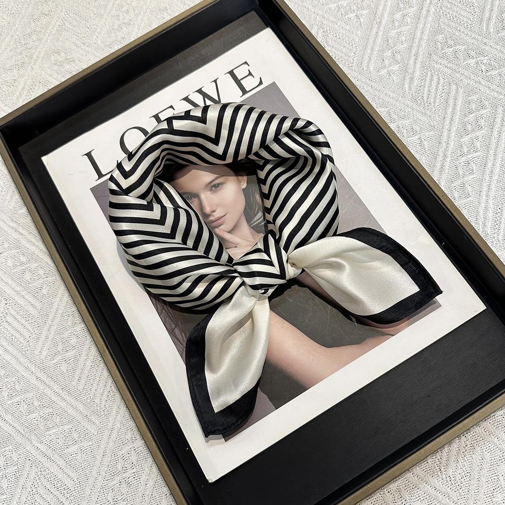 Black and white stripes classic temperament silk small square scarf women's autumn and winter decoration advanced sense 111 mulberry silk scarf