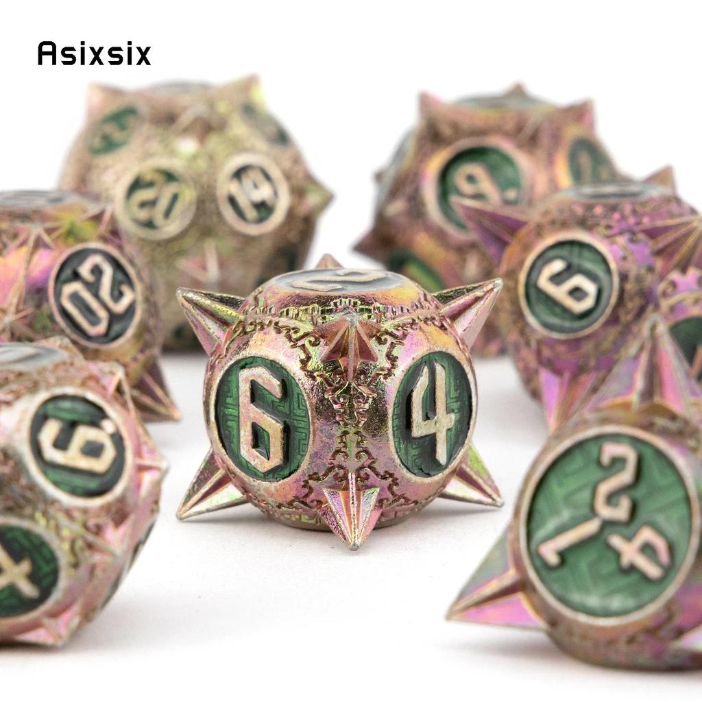 7 Pcs Red Green Meteor Hammer Metal Dice Solid Metal Polyhedral Dice Set Suitable For Role-Playing Dice PropBoard Game Gift