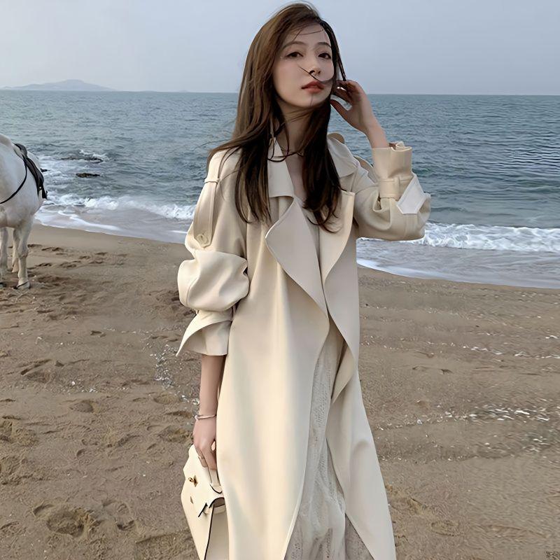 2026 Korean Style Long Drape Trench Coat - Elegant White for Spring & Autumn