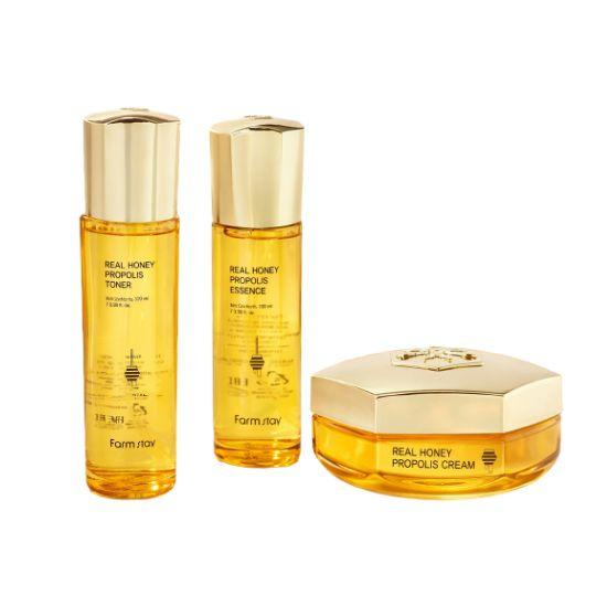 Farmstay Real Honey Propolis 3-Piece Set Toner, Essence & Cream Soothing & Hydrating Skin Care 120ml + 100ml + 50ml