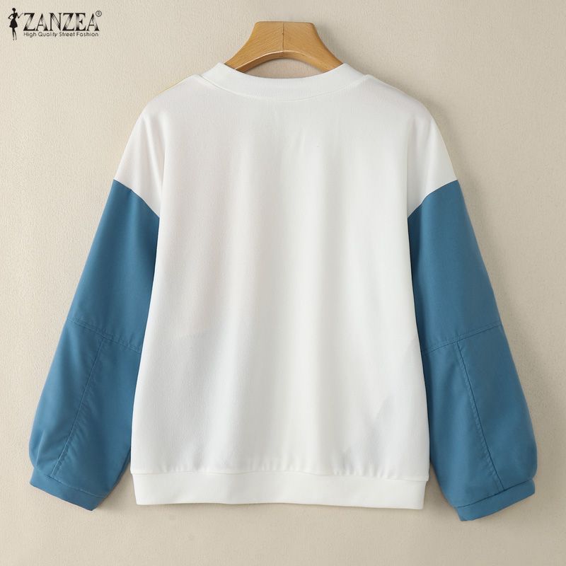 ZANZEA Women Casual Round Neck Long Sleeve Patchwork Pullover Thin Sweatshirt