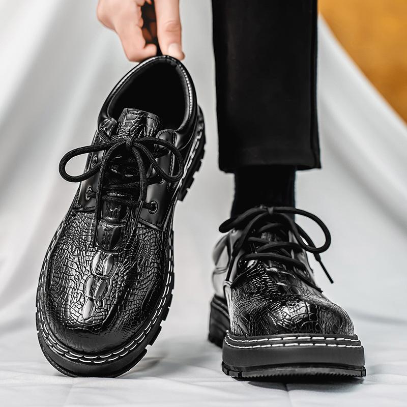 Crocodile pattern men's shoes spring 2025 new soft leather lace-up trend men's leather shoes casual British business leather shoes