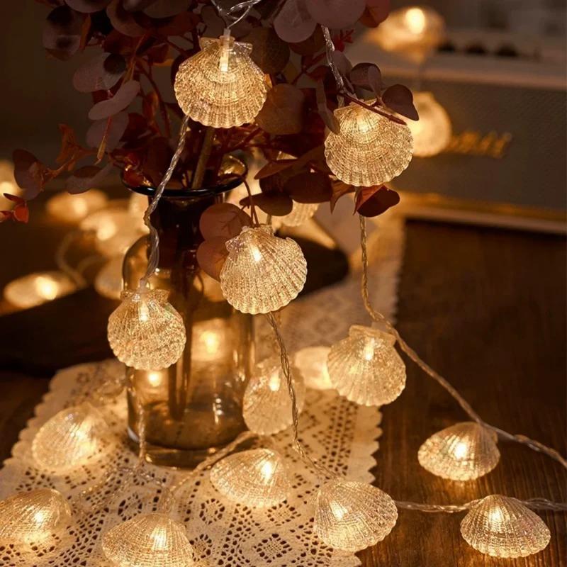 LED Ocean Shell Lights String Battery Operated Fairy Lights Seahorse Starfish Theme Bedroom Living Room Wedding Party Decorative