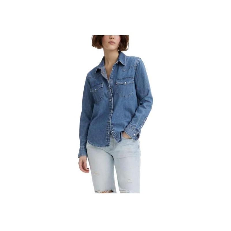Camicia in Denim Levis a Manica Lunga, Colore Unito, Vestibilità Larga, Monopetto, Scollo Quadrato, Donna, Azzurro Chiaro 86832-0018