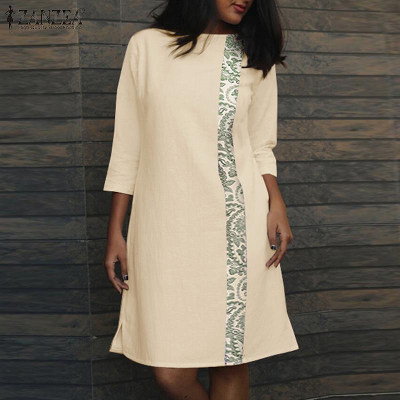 

ZANZEA Женское прямое свободное платье с круглым вырезом и рукавами 3/4 в стиле пэчворк и принтом