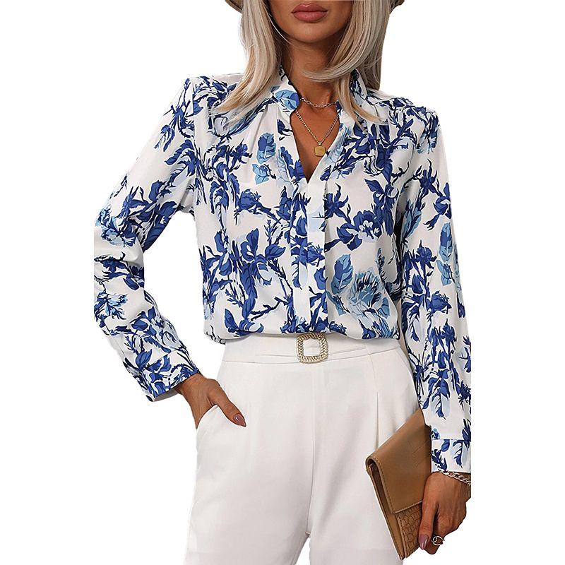 

Американская Shiying Ретро Цветочный Принт Шифоновая Рубашка Женская 2025 Весна Новое Поступление Элегантный Пуловер с V-образным Вырезом Женский Sky Blue Size L fit (62.50 kg-70.00 kg