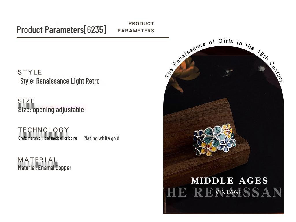 Retro Blue Enamel Drip Glaze Floral Adjustable Ring for Women