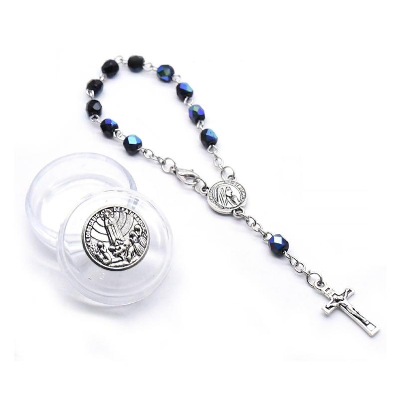 QIGO One Decade Rosary Crystal Bracelet Crucifix Cross Religious Jewelry With Fatima Box For Men Women