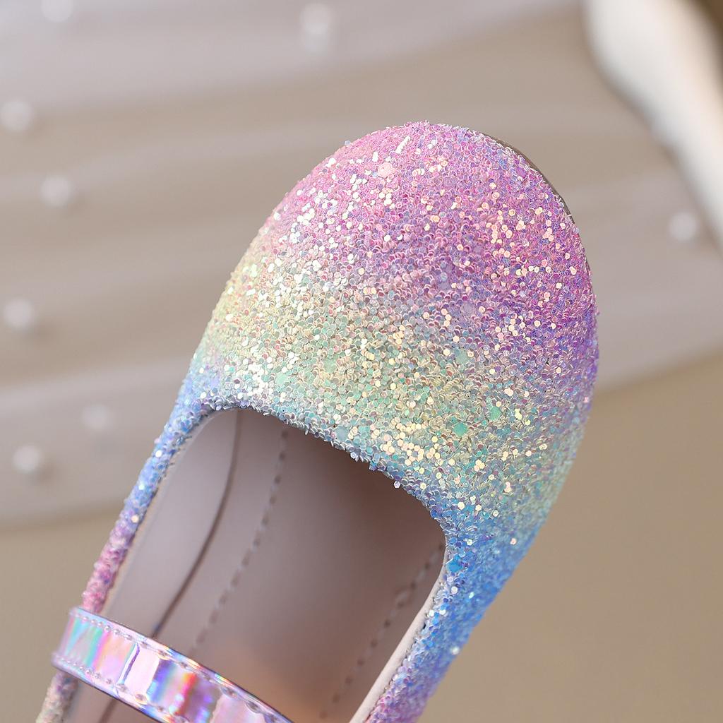 Spring new style girls' soft-soled leather shoes with rainbow sequins and bow, princess dress shoes, flat large size loafers for children