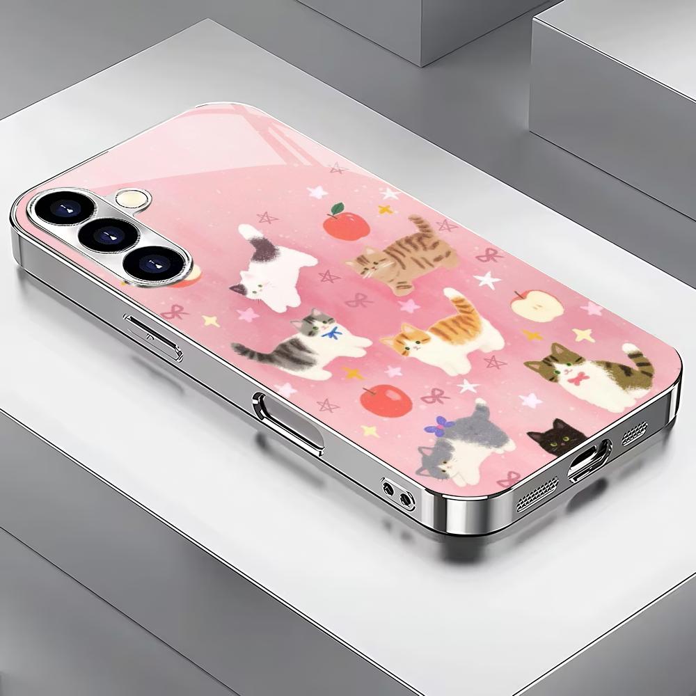 Pink cute cartoon animal silver plated glass phone case suitable for Samsung GalaxyS26 S25 S24 S22 S21 S20FE/Ultra/Plusanti drop