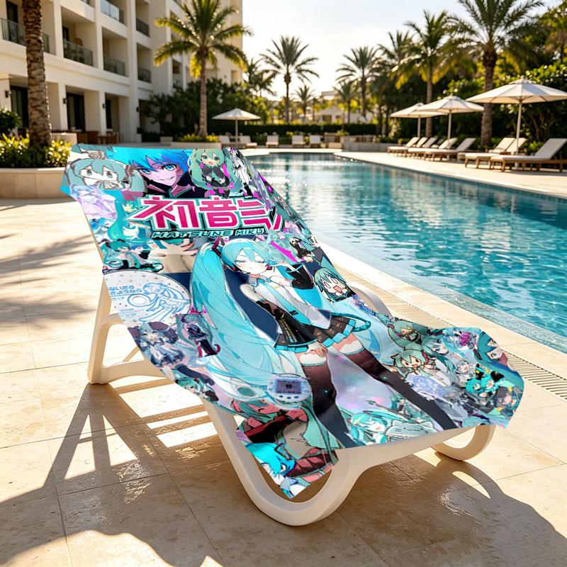 Hatsune Miku Print Beach Towel Design, Soft, Lightweight. for Home Bathroom, Spa, Pool, Yoga, Surfing, Camping, Gift for Family, Friend