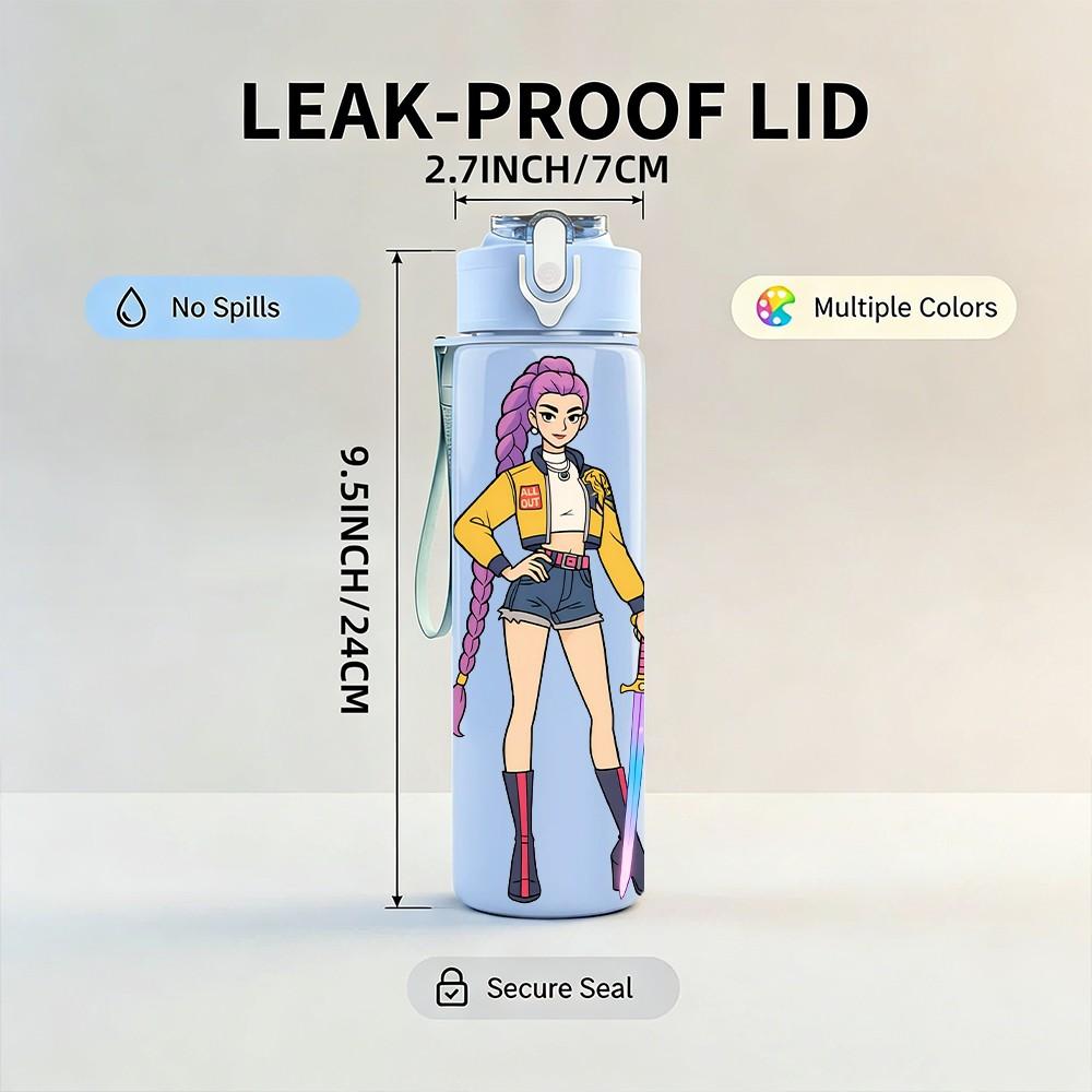 1PC Purple Outfit Girl Warrior 750ml Color Plastic Sports Water Bottle Leakproof Flip Straw Lid Suitable for Sports Office Home Use