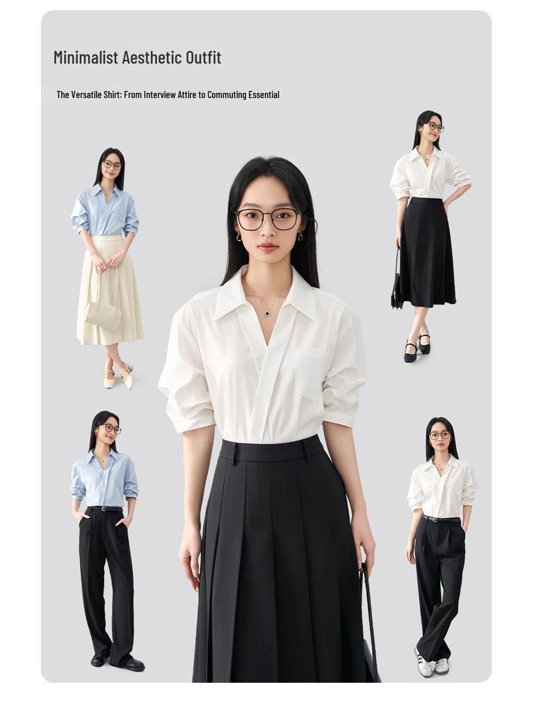 Women's Elegant V-Neck Lapel White Short-Sleeve Shirt, Chic Summer Style, Unique Design