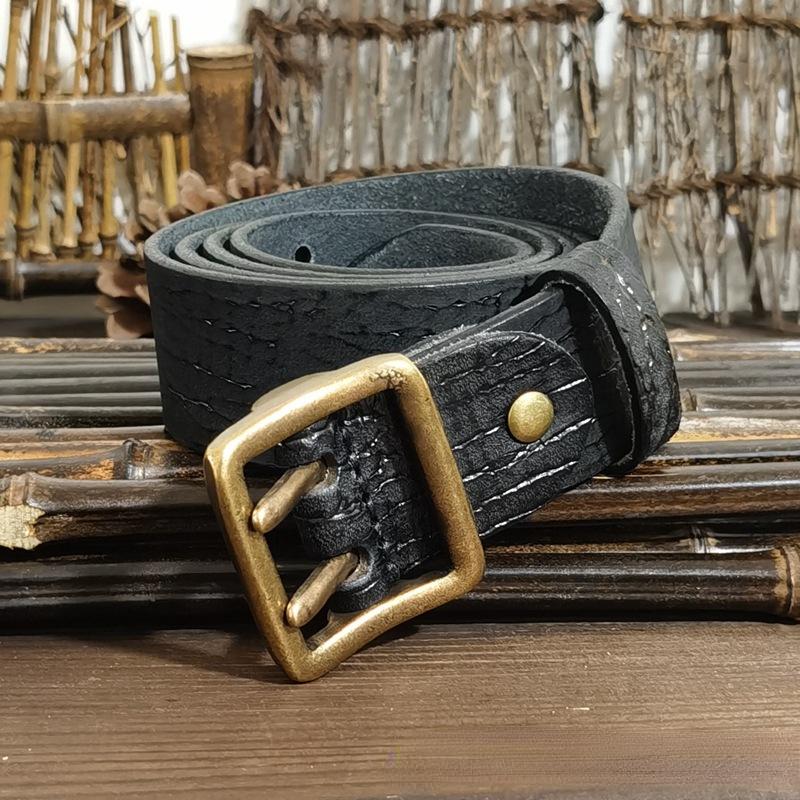 Belt Men's Korean-Style Retro Distressed Trendy Unique Double Needle Copper Buckle Genuine Leather New Pure Cowhide Jeans Belt