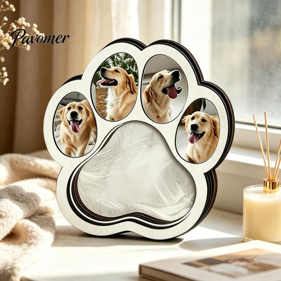 Pet Keepsake Memorial Frame Wooden Paw‑Shaped Picture Frame, Photo with Fur Box Storage Compartment, Loss Remembrance Tabletop Ornament for Dog Cat